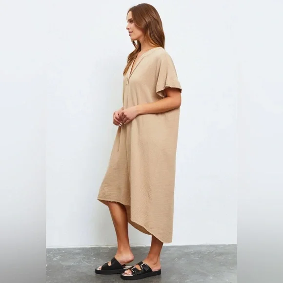 Latte Linen Short Sleeve Hi-Low Midi Tunic Dress - Picture 3 of 4